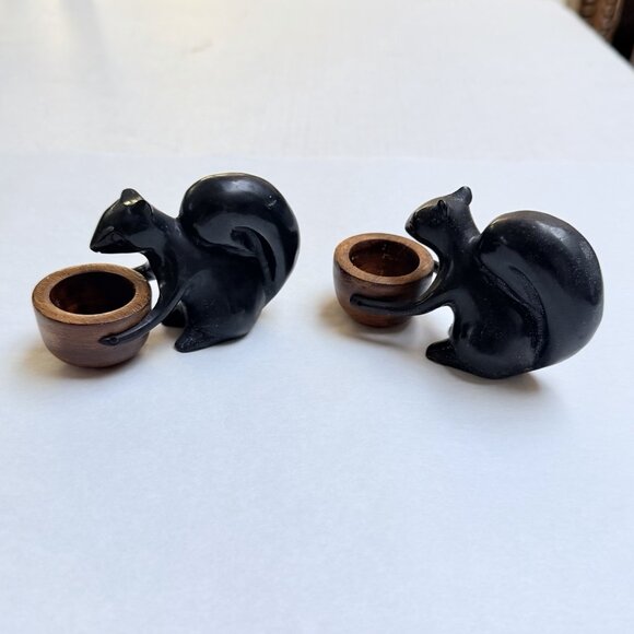 Pottery Barn Salt Server Squirrel Wood Set Of 2 Patina Decor Animal Gift - Picture 2 of 9